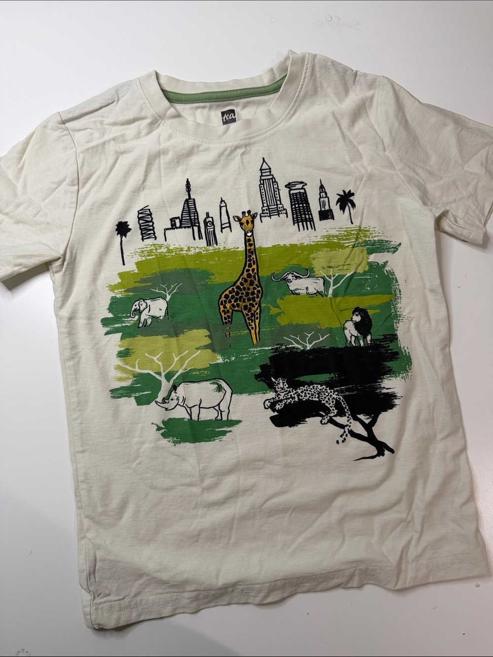 Tea Collection Kids Short Sleeve Tee Cream with Green and Black Safari Print